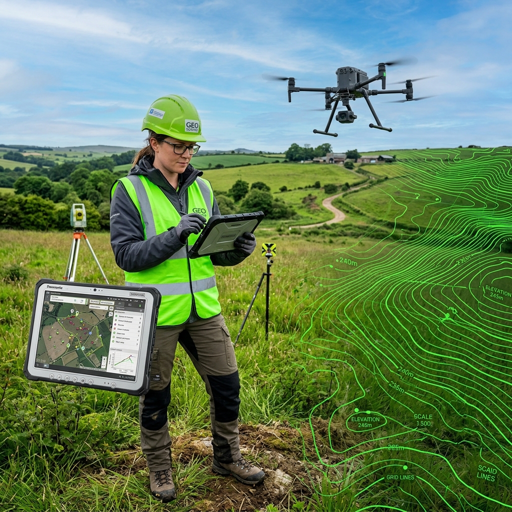 Land survey engineer with contour map and tablet